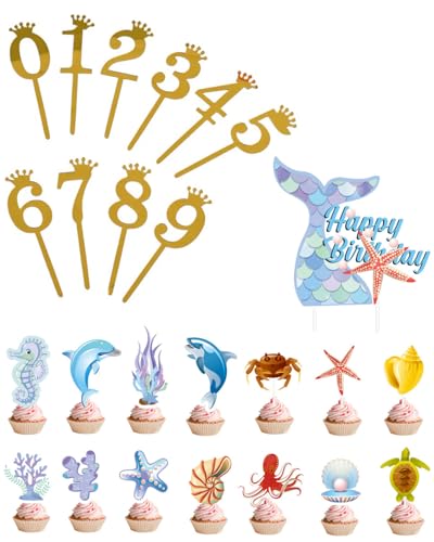 KGDUYC 10 Stück Nummer Cake Topper Zahlen 0-9,Mit 15 Stück Meerjungfrau-Kuchenflaggen,Geburtstag Tortendeko Kuchenstecker Cupcake,Geeignet für Geburtstagsfeiern Jeden Alters Hochzeitsparty von KGDUYC