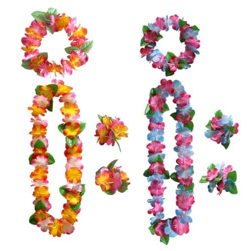 KGDUYC 2 Sätze Hawaii Kette Set - Hawaii Blumenkette Stirnband und Armband, Blumenkette mit Grünen Blättern, Hohe Dichte Hawaii Kette Blumen, Hawaii Beach Party Dekorations von KGDUYC