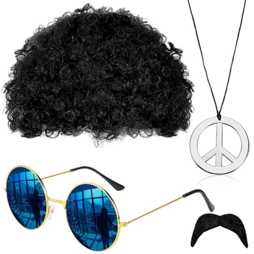 KGDUYC 4 Stück Hippie Kostüm Set- Mode Afro Perücke, Sonnenbrille, Frieden Zeichen Halskette, Schnauzbart, 70er Jahre Verkleidung Hippie Kostüm Funky für 60er 70er Jahre Hippie Mottoparty von KGDUYC