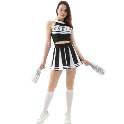 KGLHTYU Cheerleader Kostüm Damen, Fasching Große Größen Karneval Hippie Cheerleader Outfit Cheerleader Kostüm Mit Pompoms Xxl Süßes Football Kostüm Party Blau Sexy Karneval Kostüm von KGLHTYU