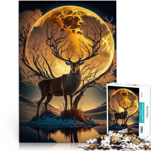 Puzzle für Erwachsene 1000 Teile “Hirsch Mond Landschaft” Aus Holz，für und ab 14 Jahren Familienspaß Interessante Geschenke zur Stressreduzierung。Größe：50x75cm/19.6x29.5Zoll von KGUHVFTK