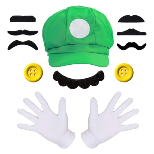 KHDULQ Mario Kostüm Accessories,Luigi Kostüm Kinder Erwachsene,Karneval Mottoparty Cosplay mit Rot Hut Kappen Schnurrbärte Handschuhe Bart Gelbe Knöpfe,Faschingkostüme,für Kinder Damen Herren (Grün A) von KHDULQ