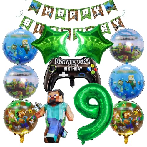 Luftballon Deko für Jungen Gamer Party, 9 Jahre Kinder geburtstag Luftballon deko, Enthält banner, Charakter ballons, Runde Folienballons, Pentagramm ballons, Zahlenballons, Game Controller ballon von KHFEIYUE