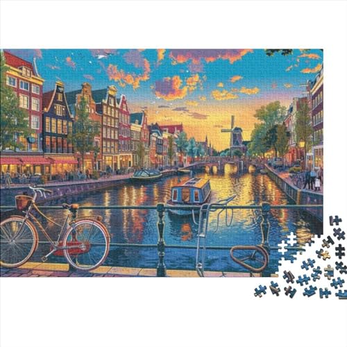 Amsterdam Sunset Puzzle für Erwachsene, 1000 Teile, künstlerisches Puzzle, 1000 Teile, Puzzle, 1000 Teile, künstlerische Dekoration, geeignet für Kinder über 12 Jahre, 1000 Stück (75 x 50 cm) von KHHKJBVCE