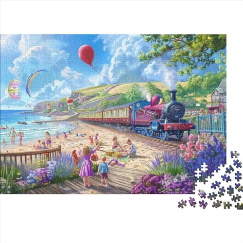 Beach Train Puzzle für Erwachsene Puzzle mit 1000 Teilen, künstlerisches Puzzle, 1000 Teile, Puzzle mit 1000 Teilen, künstlerische Dekoration, geeignet für Kinder über 12 Jahre, 1000 Stück (75 x 50 von KHHKJBVCE