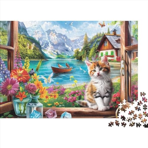Cat on Windowsill Puzzle für Erwachsene Puzzle mit 1000 Teilen künstlerisches Puzzle 1000 Teile Holzpuzzle Jedes Stück ist einzigartig geeignet für Kinder über 12 Jahre 1000 Teile (75 x 50 cm) von KHHKJBVCE