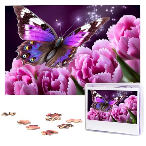 KHiry Puzzles, 1000 Teile, personalisierbar, Motiv: lila Blume, Schmetterling, Fotopuzzle, herausforderndes Bild, Puzzle für Erwachsene, personalisierbares Puzzle mit Aufbewahrungstasche (74,9 x 50 von KHiry