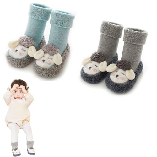 KIASRZN (2 Paar) Warme Baby-Bodensocken-Schuhe, Baby-Cartoon-Plüsch-Baumwoll-Kleinkindschuhe, Baby-Wintersocken, rutschfeste warme Schuhe, geeignet für den Innenbereich (Gray + Blue,L) von KIASRZN