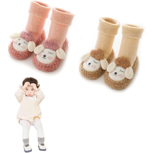 KIASRZN (2 Paar) Warme Baby-Bodensocken-Schuhe, Baby-Cartoon-Plüsch-Baumwoll-Kleinkindschuhe, Baby-Wintersocken, rutschfeste warme Schuhe, geeignet für den Innenbereich (Pink + Khaki,L) von KIASRZN