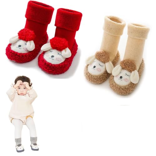 KIASRZN (2 Paar) Warme Baby-Bodensocken-Schuhe, Baby-Cartoon-Plüsch-Baumwoll-Kleinkindschuhe, Baby-Wintersocken, rutschfeste warme Schuhe, geeignet für den Innenbereich (Red + Khaki,M) von KIASRZN