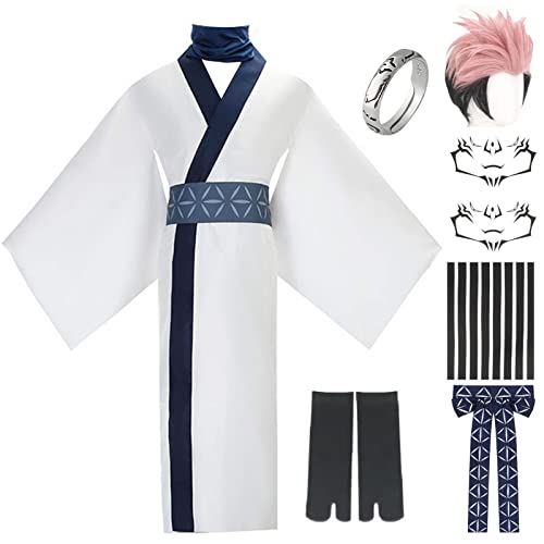 Ryomen Sukuna Cosplay Kostüm mit Perückenring Tattoo Aufkleber Weißer Kimono Set Jujutsu Kaisen Cosplay Halloween Outfit (Kostüm + Perücke, L) von KIBXAN