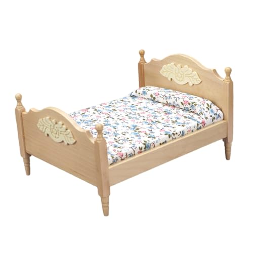 KICHOUSE 1Stück Doppelbett Modell aus Holz für Puppenhaus DIY Bett Zubehör Realistische Gestaltung für Kreative Rollenspiele und Eltern Junge Mädchen Spiele für Mini Puppen von KICHOUSE