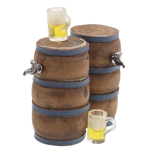 KICHOUSE 2 Sets Miniatur-Bierfass aus Holz, Figur, Modell mit Wasserhahn und Weinglas für Feengarten, Landschaftsdekoration, Puppenhaus, Bar, Getränkezubehör von KICHOUSE