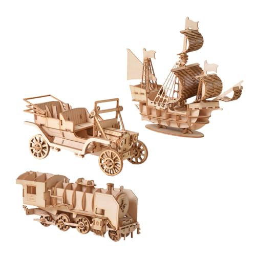 KICHOUSE 3 Satz Teiliges DIY Holz Puzzle Puzzle für Kreative Handarbeit mit Verschiedenen Modellen Auto Boot Zug Hand Augen Koordination und Intelligenzentwicklung von KICHOUSE
