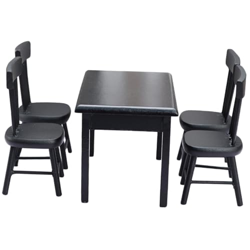 KICHOUSE Miniatur Garten Puppenmöbel 5 Teiliges Miniaturmöbel Set Für Puppenhaus Schwarzer Tisch Mit 4 Stühlen Ideal Für Rollenspiele Und Miniatur Gartenmodelle Puppenzubehör Für Kreative Spielwelten von KICHOUSE