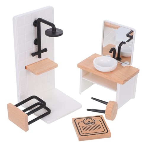 KICHOUSE Maßstab Badezimmer Zubehör mit Dusche Waschbecken Hocker und Handtuchhalter für Puppenhaus Dekoration für DIY Badezimmer von KICHOUSE