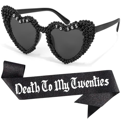 KICOSY Death to My 20s Birthday Set - Schwarze herzförmige Sonnenbrille Brille & Glitzer Schärpe Set, Abschied von den 20er Jahren, lustige Dekoration zum 30. Geburtstag von KICOSY