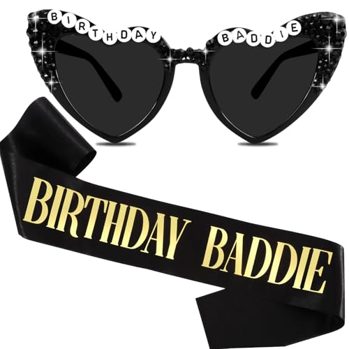 KICOSY Geburtstags-Baddie-Schärpe und Sonnenbrille, Schwarz Gold, Medium von KICOSY
