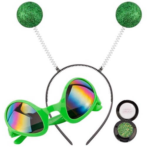 KICOSY Grüne Alien-Antennen-Stirnbandbrille und silbernes No-Glue-Gel-Glitzer, grünes Martian Alien-Zubehör für Weltraum-Mottoparty, Halloween, Cosplay, glitzerndes Kostüm für Frauen von KICOSY