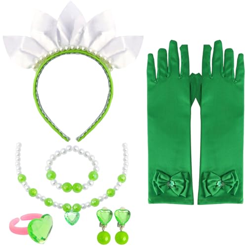 KICOSY Prinzessin Tiana Kostüm für Damen: Blatt-Stirnband, grüne Handschuhe und Kunststoff-Schmuck-Set, ideal für Cosplay, Halloween, Feen, Motto-Party und magische Veranstaltungen von KICOSY