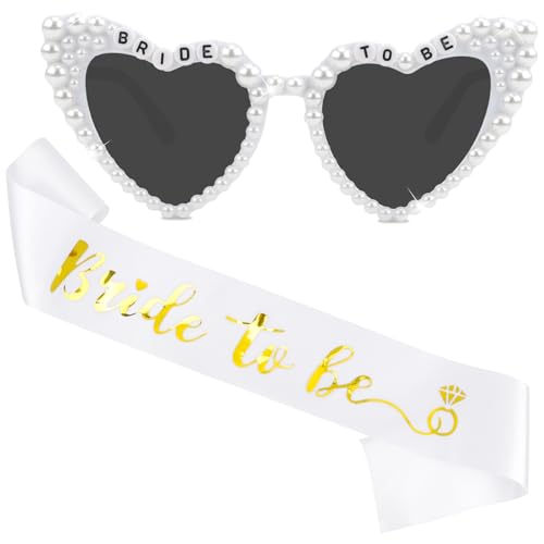 KICOSY Sonnenbrille und Schärpe für die zukünftige Braut, Geschenk für die zukünftige Braut, Perlweiß, Herz-Sonnenbrille, Brautbrille, Junggesellinnenabschied, Brautparty, Gastgeschenke von KICOSY