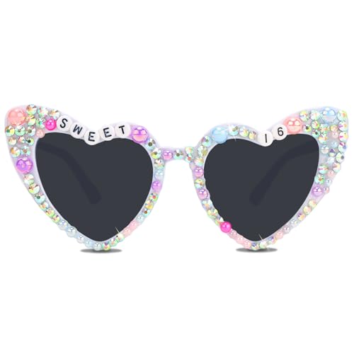 KICOSY Sweet 16 Sonnenbrillen in Herzform mit Strasssteinen und farbigen Perlen – Dekoration zum 16. Geburtstag für Mädchen, Partygeschenke und Geschenke, Weiss/opulenter Garten, Medium von KICOSY