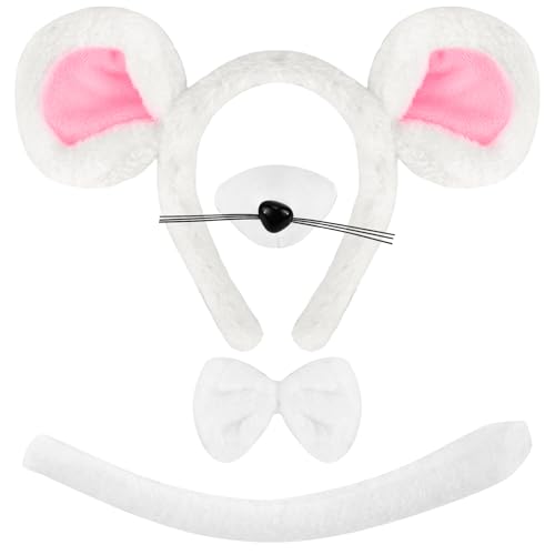 KICOSY Weiße Maus Kostüm für Frauen Erwachsene Weiße Rattenohren Stirnband Nase Fliege und Schwanz Ratte Kostüm Erwachsene Tier Cosplay Kleid Kit Zubehör, Weiss/opulenter Garten, Standard von KICOSY