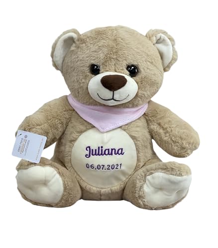 KIDDI-MEDIA Teddy Bär mit Name & Geburtsdatum Bestickt/Geschenk zur Taufe Geburt/personalisiert 30 cm (Halstuch: Rosa (MÄDCHEN) von KIDDI-MEDIA