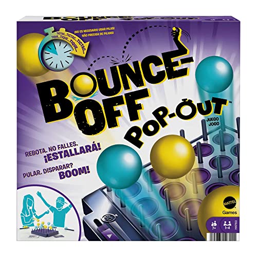 Mattel Games HKR53 - Bounce-Off POP-Out Partyspiel für Familien, Jugendliche, Erwachsene mit 16 Bällen, 20 Herausforderungskarten, Spielgitter mit Timer, Geschenk für Kinder ab 7 Jahren von Mattel Games
