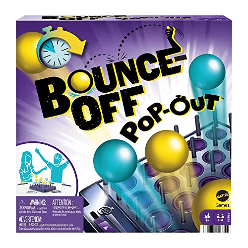 Mattel Games HKR53 - Bounce-Off POP-Out Partyspiel für Familien, Jugendliche, Erwachsene mit 16 Bällen, 20 Herausforderungskarten, Spielgitter mit Timer, Geschenk für Kinder ab 7 Jahren von Mattel Games