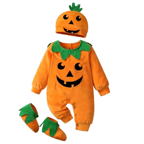 KIDS TALES Säugling Baby Kürbis Halloween Kostüm Kleinkind Langarm Jackolantern Strampler mit Hut & Schuhe Outfit 4 Stück von KIDS TALES