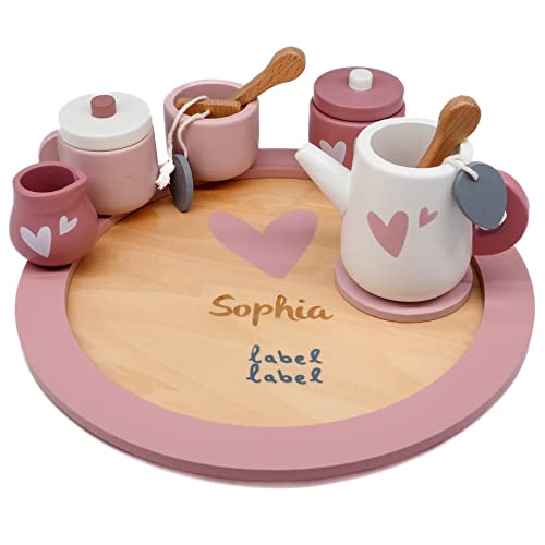 Holz Tee Set rosa - personalisierbar I Handmade Holzspielzeug ab 2 Jahren I Label-Label Teeservice Kinderküche I Geburtstagsgeschenk für Kinder I Teeparty-Spielset mit Name von KIDSLINO