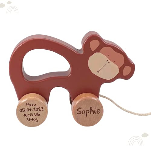 KIDSLINO Nachziehtier aus Holz Mr. AFFE I personalisiertes Kinderspielzeug I Geschenk 1. Geburtstag von KIDSLINO