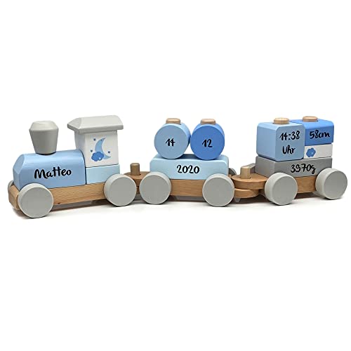 Personalisierte Eisenbahn in blau I Geschenk zur Geburt für Jungen I Bedruckt I Holzzug mit Namen & Geburtsdaten I Personalisierbare Baby Geschenke von KIDSLINO