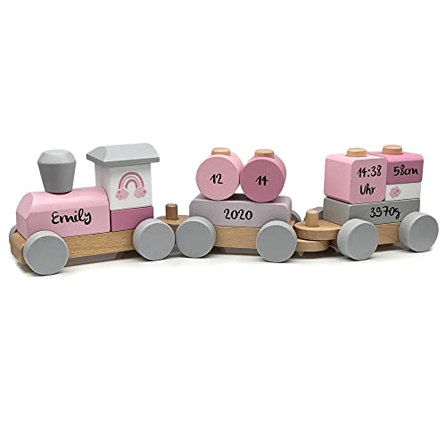 Personalisierte Eisenbahn in rosa I Geschenk zur Geburt für Mädchen I Bedruckt I Holzzug mit Namen & Geburtsdaten I Personalisierbare Baby Geschenke von KIDSLINO