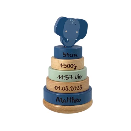 KIDSLINO Stapelturm aus Holz Mrs. Elefant I personalisiertes Kinderspielzeug I Geschenk zur Geburt von KIDSLINO