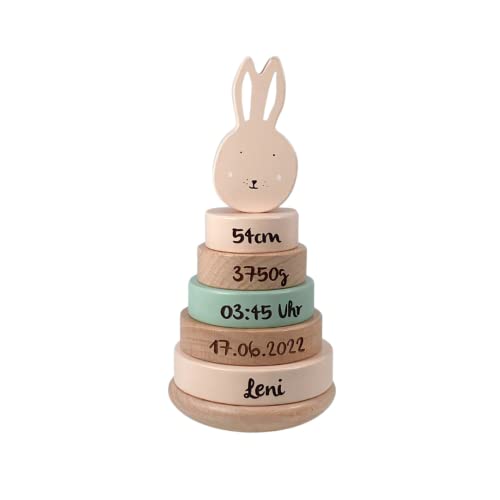 KIDSLINO Stapelturm aus Holz Mrs. Hase I personalisiertes Kinderspielzeug I Geschenk zur Geburt von KIDSLINO