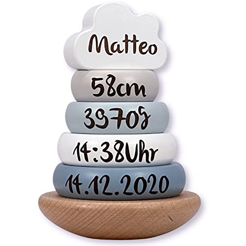 KIDSLINO Stapelturm blau - personalisierbar I Geschenk zur Geburt & Taufe I Handmade Baby Holzspielzeug I Personalisierte Geschenke Baby I Label-Label I Stapelspiel mit Name & Geburtsdaten von KIDSLINO
