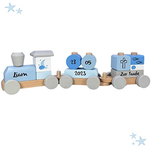 KIDSLINO Tauf Eisenbahn Mond blau I Taufgeschenk für Jungen I Bedruckt I Holzzug mit Namen & Taufdaten I Geschenke zur Taufe von KIDSLINO
