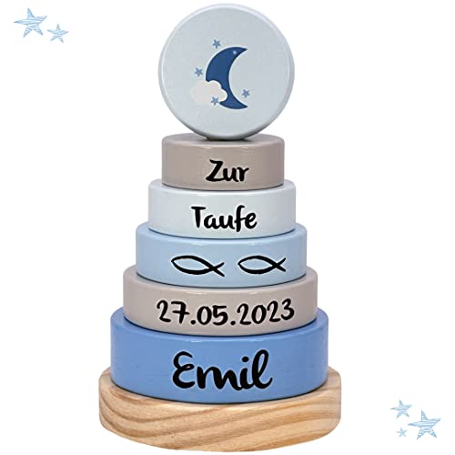 Kidslino Taufgeschenke Stapelturm Mond blau I Geschenk zur Taufe I Graviert I Stapelturm mit Namen & Taufdaten I Personalisierte Geschenke Baby von Kidslino