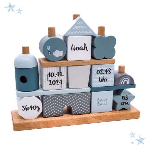 Steckspiel Haus blau I Personalisierbares Geschenk zur Geburt Jungen I Handmade Holzspielzeug I Personalisierte Geschenke Baby I Label-Label I Stapelturm mit Name & Geburtsdaten von KIDSLINO