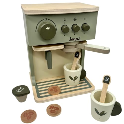 Kinderküche Kaffeemaschine Olive - personalisierbar I Handmade Holzspielzeug ab 3 Jahren I Label-Label Zubehör Spielküche I Geburtstagsgeschenk für Kinder I Spielzeug mit Name von KIDSLINO