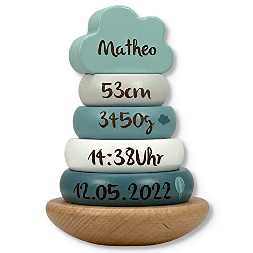 KIDSLINO Stapelturm Mint - personalisierbar I Geschenk zur Geburt & Taufe I Handmade Baby Holzspielzeug I Personalisierte Geschenke Baby I Label-Label I Stapelspiel mit Name & Geburtsdaten von KIDSLINO