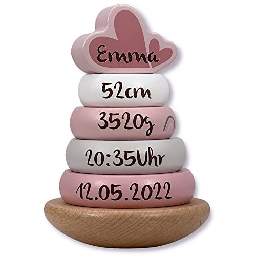 KIDSLINO Stapelturm rosa - personalisierbar I Geschenk zur Geburt & Taufe I Handmade Baby Holzspielzeug I Personalisierte Geschenke Baby I Label-Label I Stapelspiel mit Name & Geburtsdaten von KIDSLINO