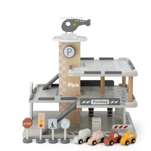 Parkgarage mit Zubehör aus Holz - personalisierbar I Holzspielzeug ab 3 Jahren I Tryco Parkhaus für Kinder I Geschenk für Weihnachten & Geburtstag I Spielzeug mit Name personalisiert von KIDSLINO
