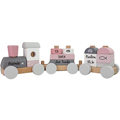 Tauf Eisenbahn I personalisiert Zug rosa I Holz Eisenbahnen I Geschenk zur Taufe Taufgeschenk I Holzzug Baby I Taufgeschenk Mädchen personalisiert I Maße: 41 x 5 x 11 cm von KIDSLINO