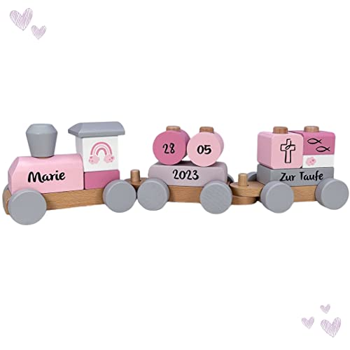 KIDSLINO Tauf Eisenbahn Regenbogen rosa I Taufgeschenk für Mädchen I Bedruckt I Holzzug mit Namen & Taufdaten I Geschenke zur Taufe von KIDSLINO