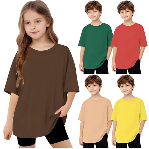 KIDSZJA Baumwollhemden für Mädchen, einfarbig, Kinderkleidung, Kleiderschrank, Essentials, Rundhalsausschnitt, Blusen, Übergröße, gebogener Saum, Tops für Teenager, Strandurlaub und Familienausflüge von KIDSZJA