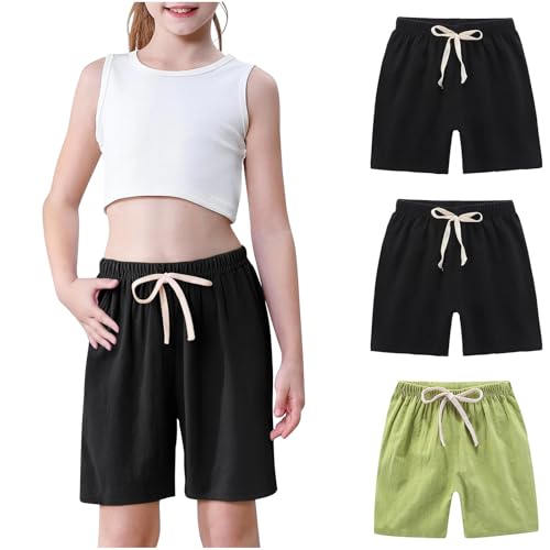 KIDSZJA Jogginghose für Kinder und Mädchen, bequeme Trainingshose, einfarbig, hoch gewaschen, Caprihose, weicher Jersey, Lounge-Hose, 3 Stück, Baumwoll-Leinen-Shorts, kurze Sommer-Schuluniformen von KIDSZJA