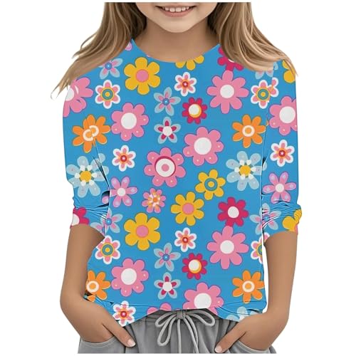 KIDSZJA Kinder-T-Shirt für Mädchen, Sommer-Tunika, weiche Baumwolle, lässiges Oberteil, 3/4-Ärmel, atmungsaktiv und leicht, Kleidung für Teenager, Cartoon-Druck, Rundhalsausschnitt, Bluse, Schule von KIDSZJA